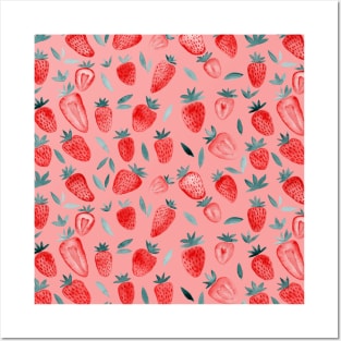 Watercolor strawberries pattern - pink background Posters and Art